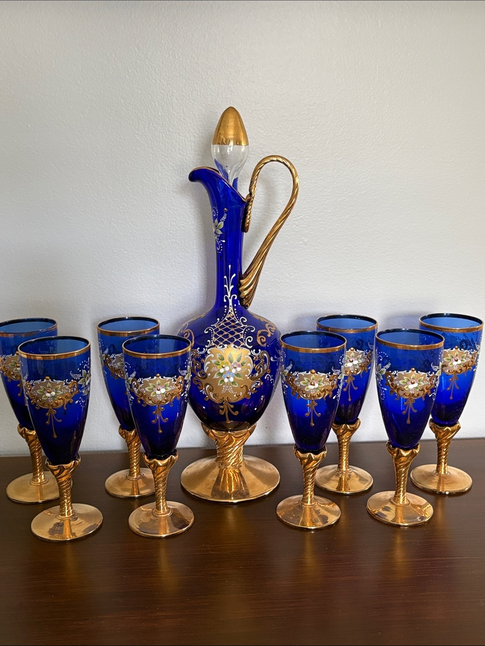 VTG- Murano Glass Decanter Set With 8 Wine Glasses 24K Gold Leaf - Blue